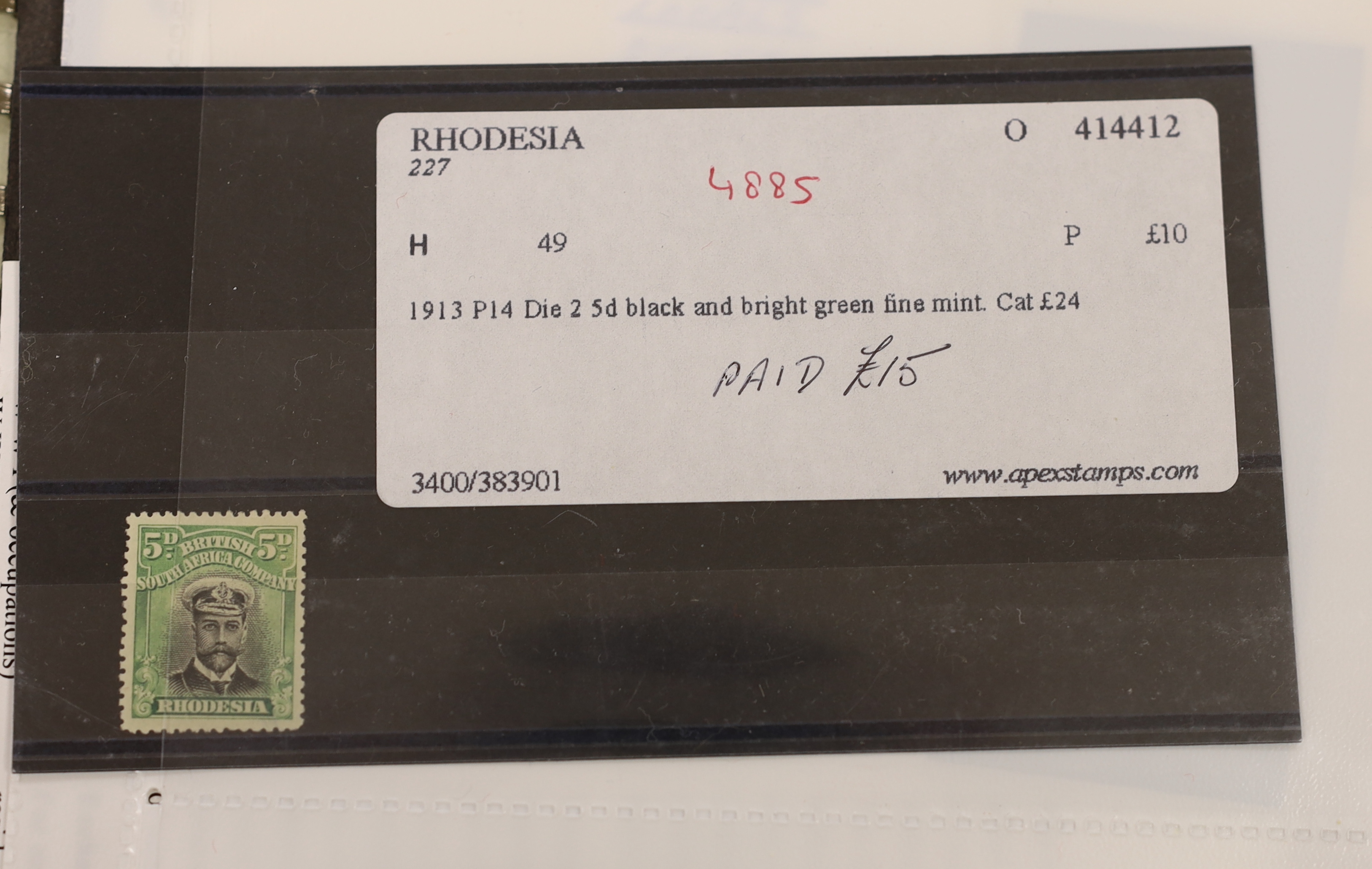 Various stamps including Rhodesia Admirals to £1, Trinidad and Tobago 1869 5/-, 1913 £1, 1921 1/2d to £1, 1921-22 set, 1904 set to £1, also a collection of Germany in an album